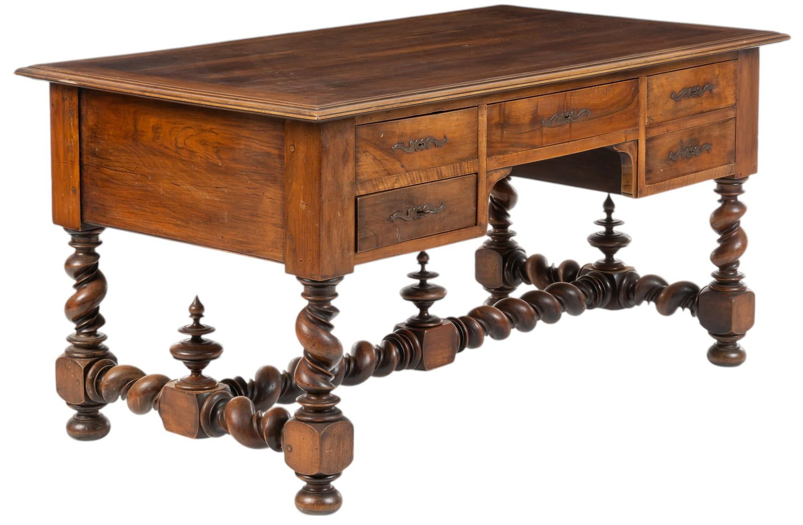 Louis XIII Style Desk: Louis XIII style desk having oversize top with beveled edge above four drawers, rising on twist legs, and H-frame stretcher with three finials, circa 19th century height 31.5 in. x width 63 in. x dept