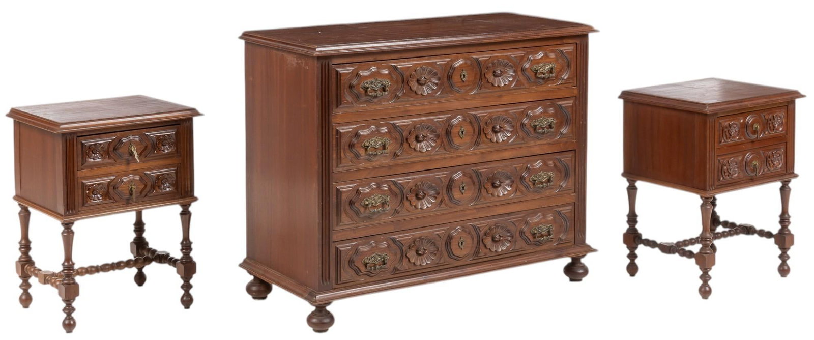 Pair of French Renaissance Style Night Stands and Dresser: Set of French Renaissance style furniture, includes dresser with stack of four decoratively carved drawers with floral motifs, supported on bun feet, also with pair of nightstands with matching design