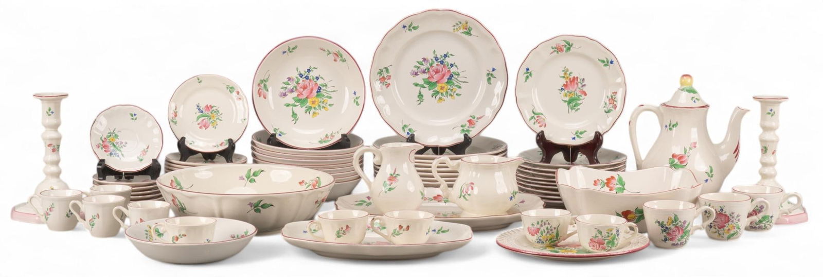 Large Collection of Luneville China: Large collection of Luneville (France) china dinnerware, too include pates, teacups and saucers, candelabras, teapot, and more height 9 in. x width 9 in. x depth 6 in. / largest piece Provenance: Pr