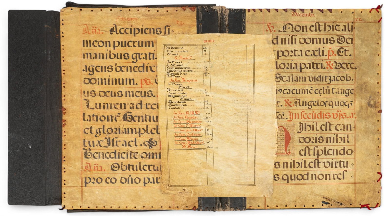 Vellum Latin Church Music Portfolio: Antique Latin church music on vellum, hand-written calligraphy, portfolio of several sheets, some damage and repairs commensurate with age height 23 in. x width 18 in. Provenance: Property from the co