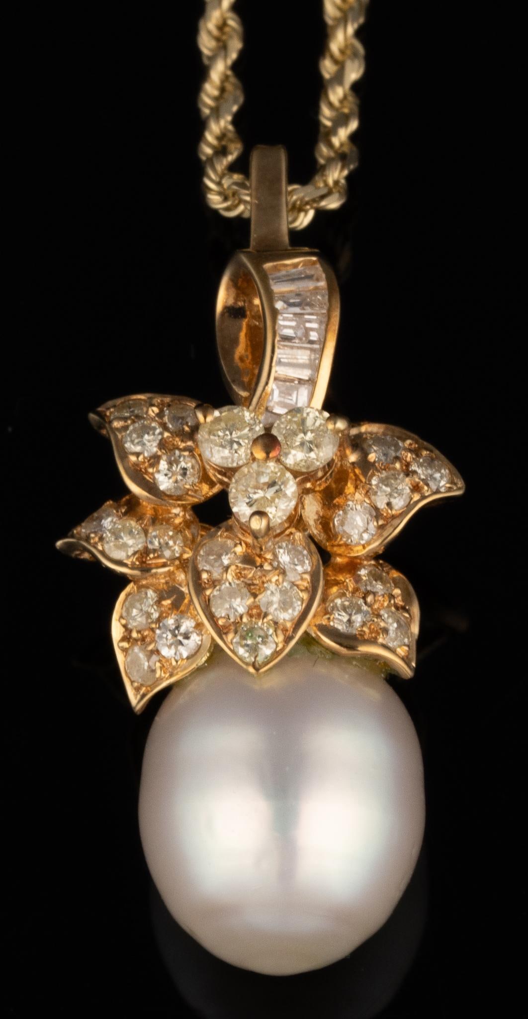 10K Pearl and Diamond Pendant: 10K pearl and diamond pendant necklace featuring single pearl drop (9.71 mm) with floral soldered details with with inlaid diamonds, on French rope chain, marked Chain length: 20 in. Pendant with bale