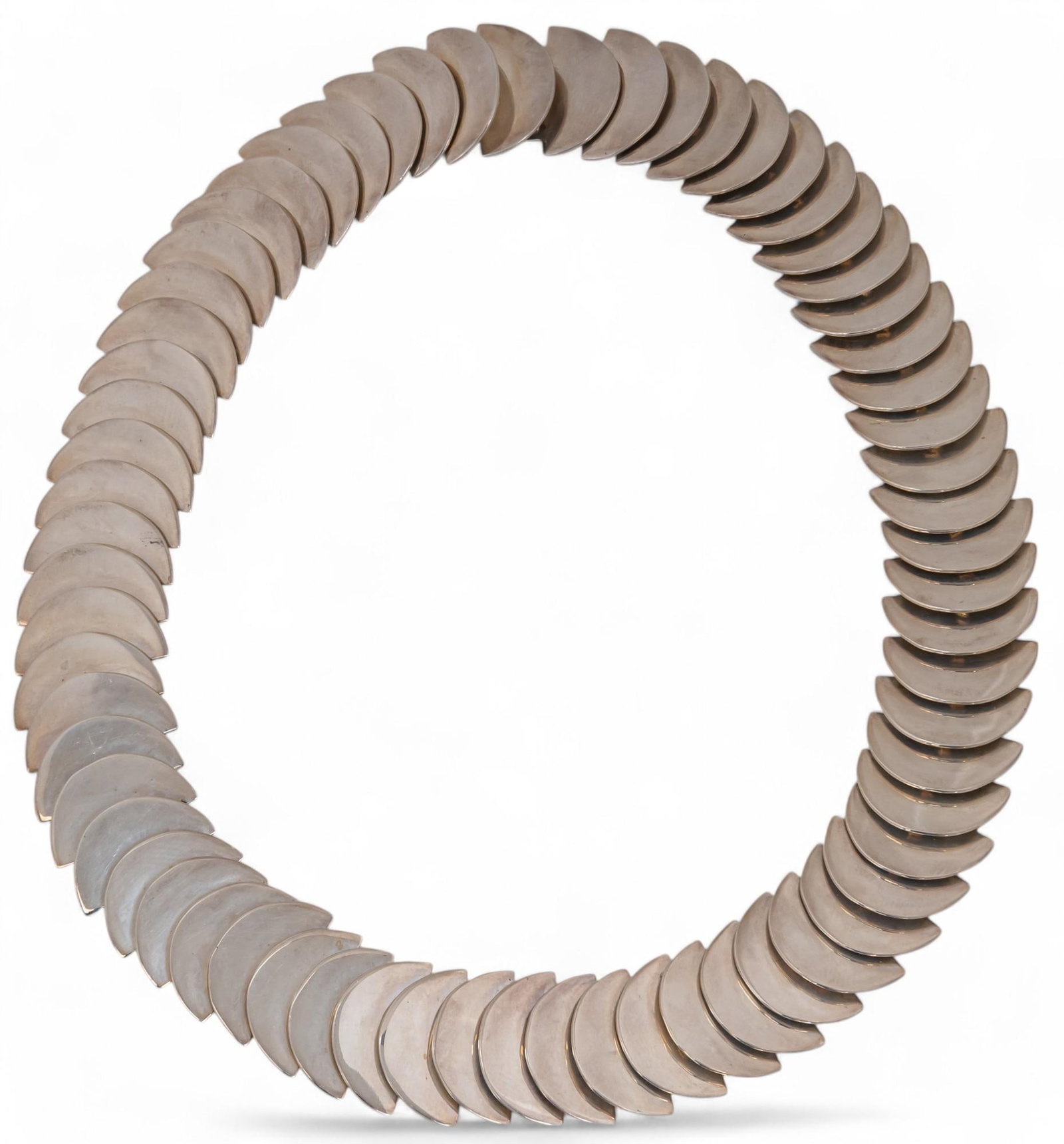 Mexican Sterling Silver Mirrored Necklace: Mexican sterling silver mirrored necklace with reticulated half circle chains, marked "Mexico 925" Total weight: 4.84 ozt Circumference: 14 in. Provenance: Property from the collection of a Sa