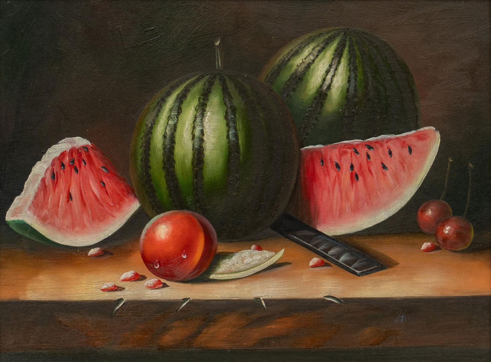 Watermelon Still Life: Decorative still life oil painting in the Dutch School style, sliced and whole watermelons, oil on canvas sight: 12 x 16 in., frame: 22 x 26 in. Provenance: Property from the collection of a Plano,