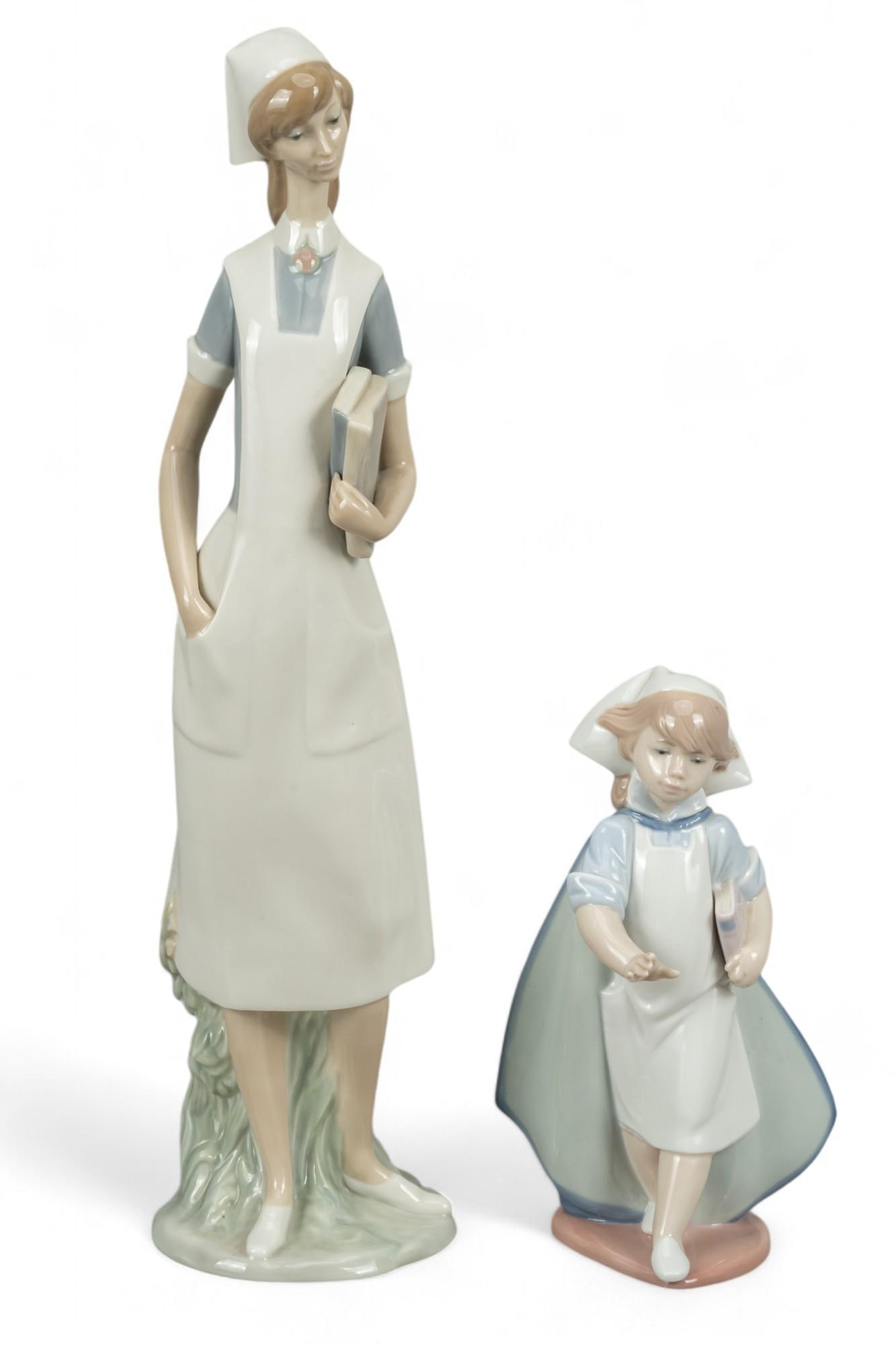 Pair of Lladro (ES) Porcelain Nurse Figures: Pair of Lladro (Spain) porcelain figures, to include "Nurse" and "Young Nurse" figurines, marked on bottom height 16 in. x width 4 in. x depth 5 in. / largest Provenance: Property from