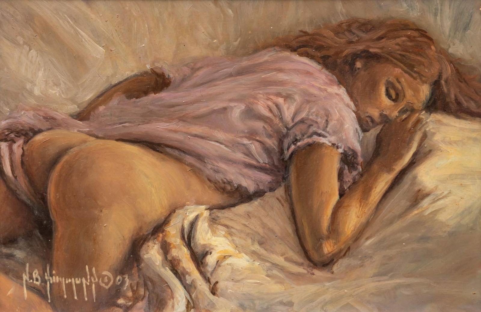 Rick Morris Patterson, Female Nude, 2003: Rick Morris Patterson (Amer., b. 1958), reclining female nude, 2003, oil on masonite, signed with pseudonym N. B. Himmond sight: 9.5 x 14.5 in., frame: 17.5 x 22 in. Provenance: Property from the co
