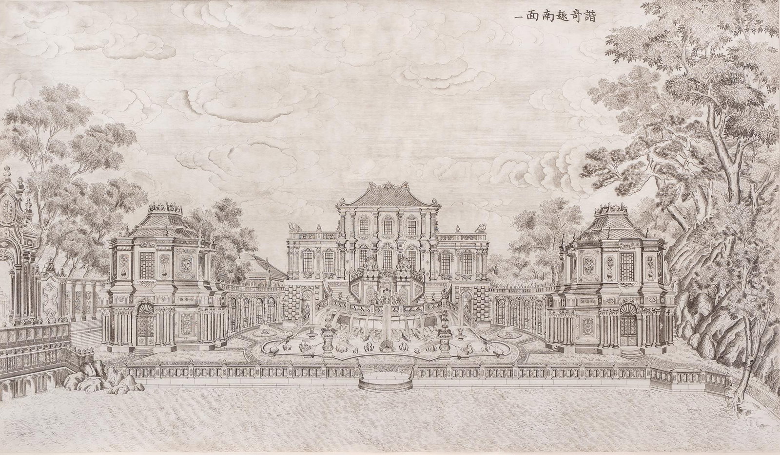 Antique Chinese Engraving of the Old Summer Palace: Chinese engraving depicting China's first European-style water feature at the southern facade of the Old Summer Palace (built between 1707-1850 and destroyed in 1860), Chinese and Italian Baroque 