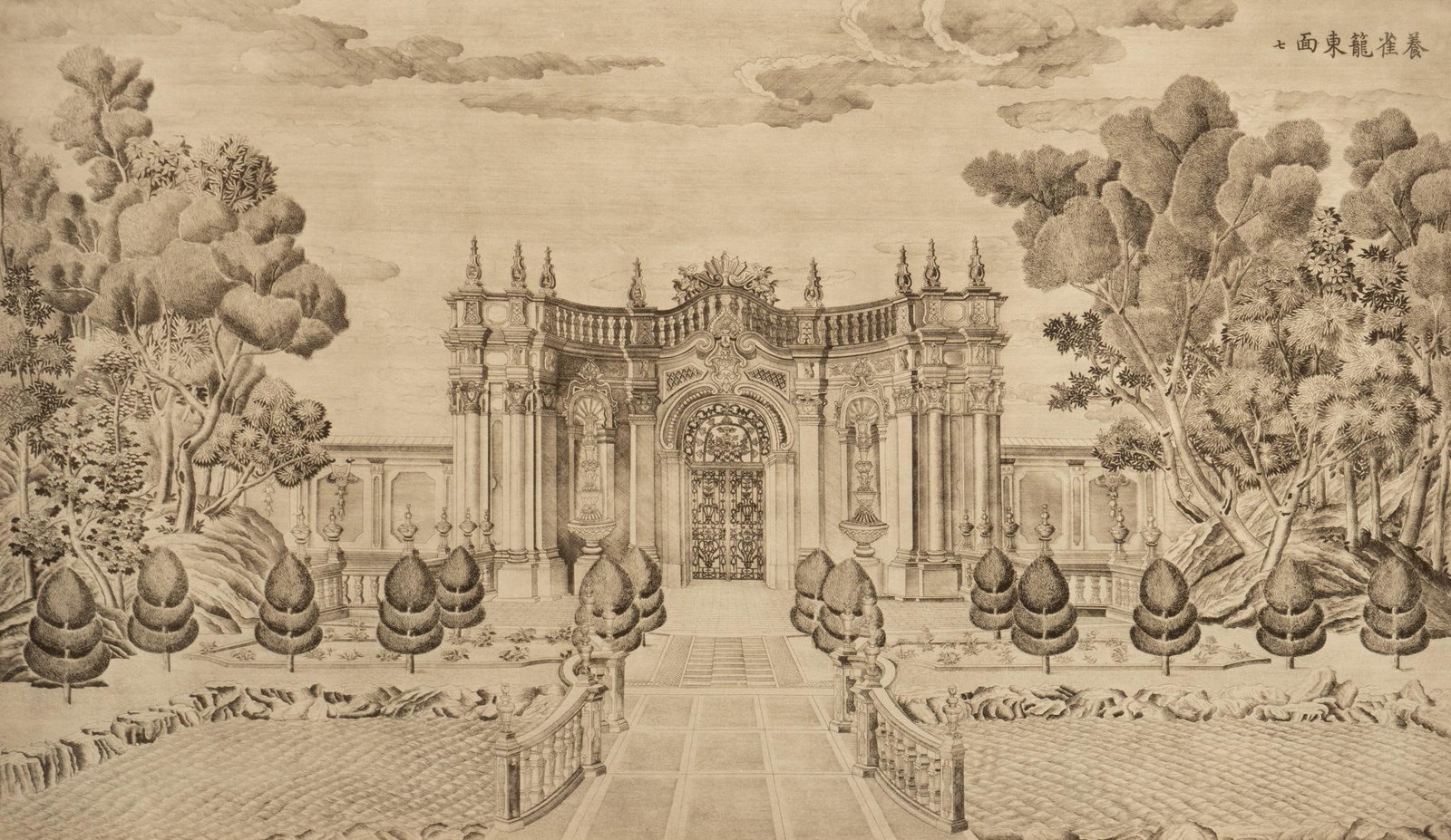 Antique Chinese Engraving of the Old Summer Palace: Antique engraving depicting the aviary at the Eastern facade of the Chinese Old Summer Palace (built between 1707-1850 and destroyed in 1860), depicting Chinese and Italian Baroque architecture sight