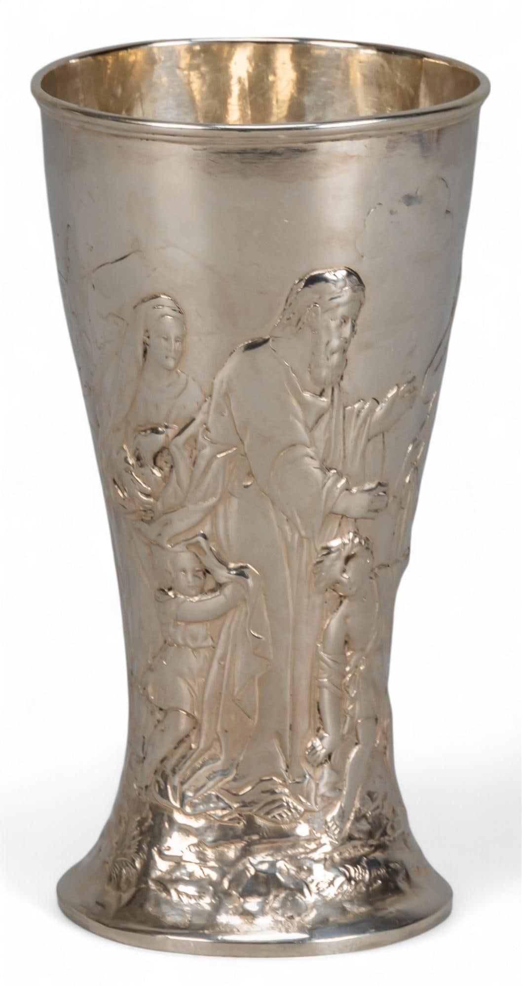 .800 Silver Religious Goblet: .800 silver religious goblet featuring repousse pastoral scene, marked "800" length 6 in. x width 3.25 in. Total weight: 7.75 ozt