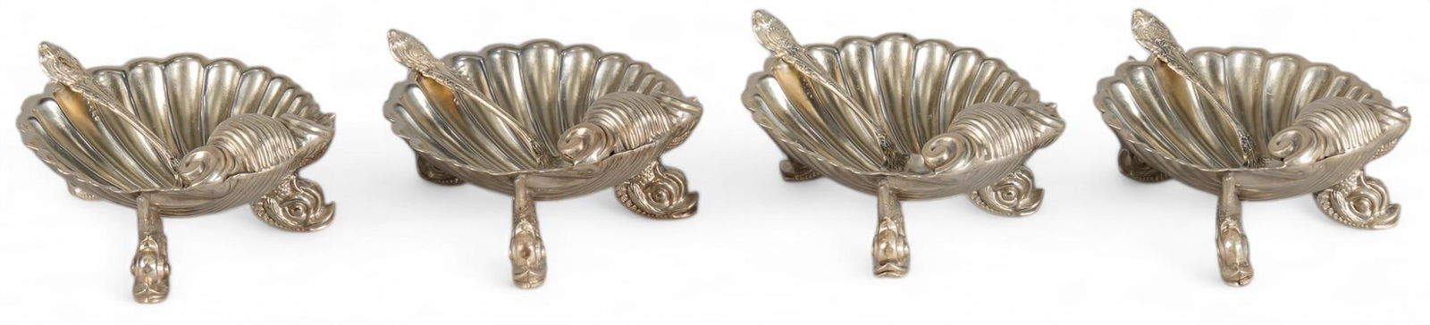 Set of (4) English Sterling Silver Salt Dishes and Spoons (1 of 12)