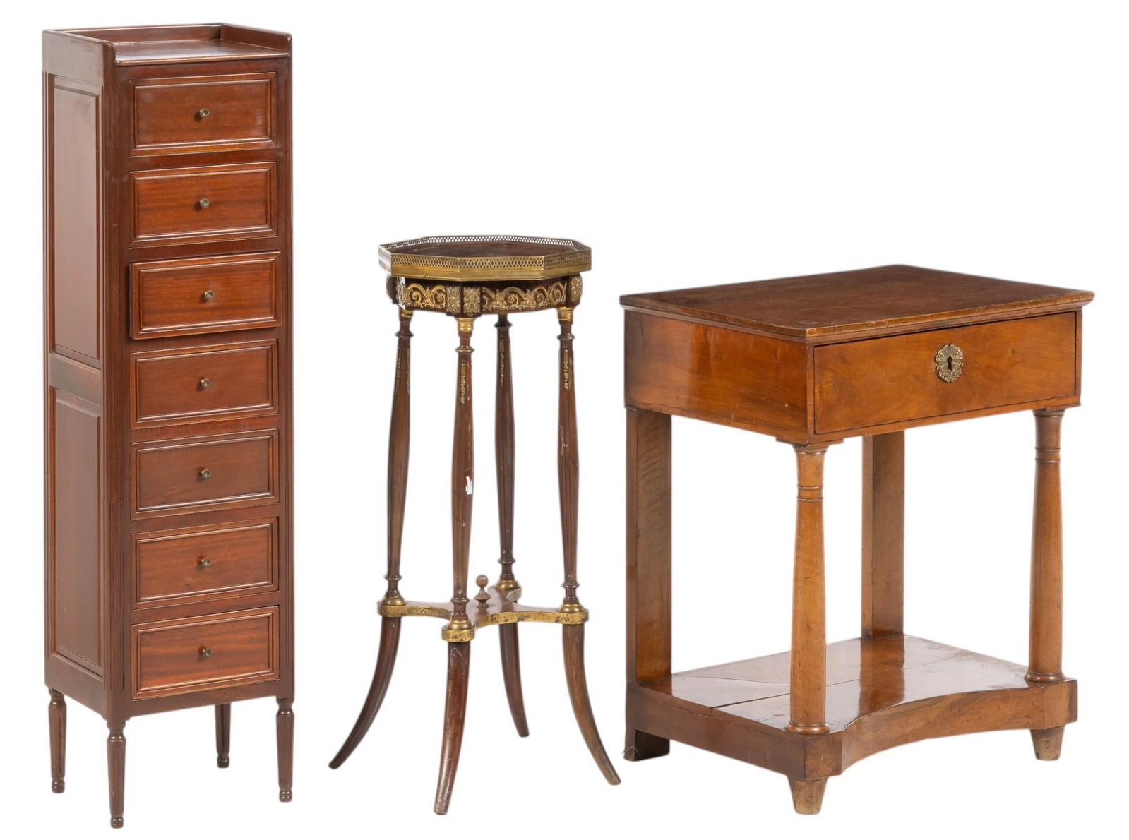 (3) Pieces of French Furniture: Three pieces of French furniture, includes one narrow chest with seven drawers, and turned legs, one ormolu side able with octagonal top with metal gallery, and turned legs with gilt details, and one 