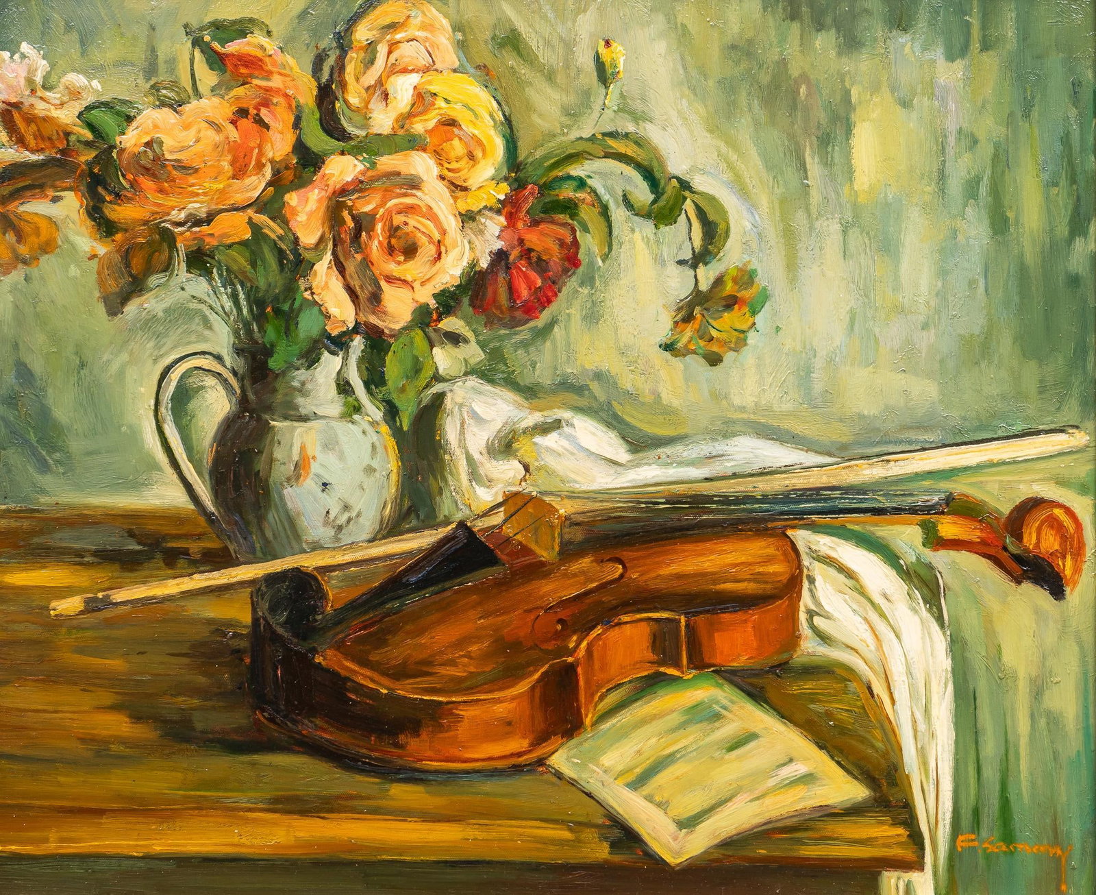 Violin and Floral Arrangement Still Life: Still life of violin and floral arrangement, oil on canvas, signed F. Sammy sight: 19 x 23 in., frame: 30 x 33.5 in.