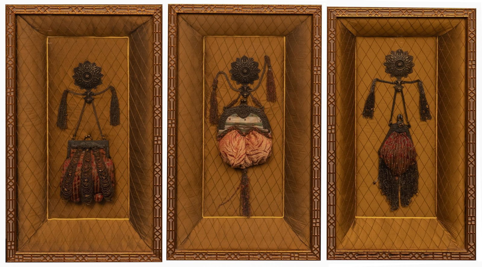 (3) Antique Shadow Boxes with Embroided Pouches (1 of 11)