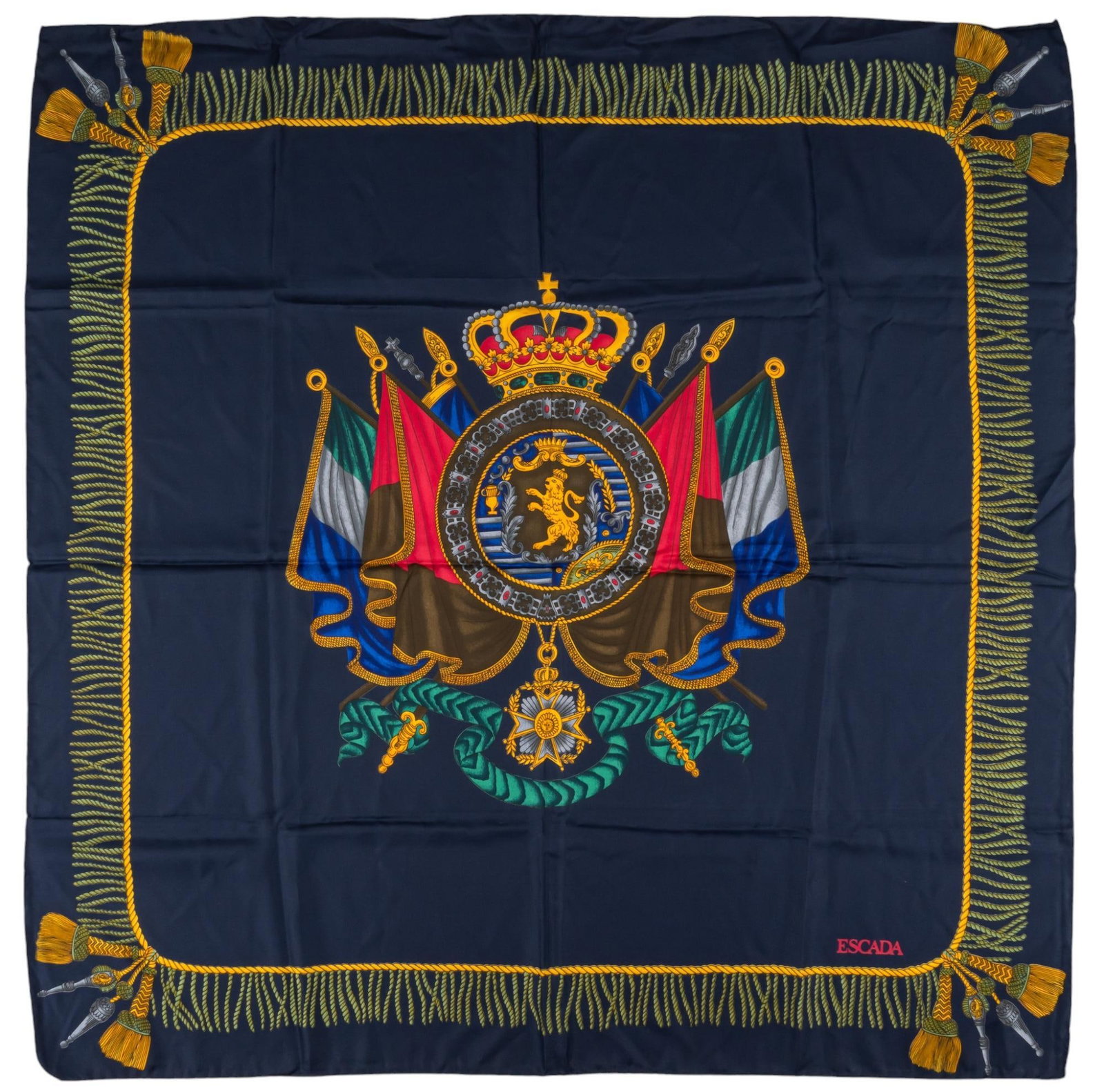 Escada (ITA), Lion Crest and Fringe Silk Scarf: Escada (Italy) silk scarf, dark navy blue, with graphic motif featuring crest with crown, lion, and flags, over banner, framed with fridge border Square 34 in. Condition AA; perfect condition, has bar