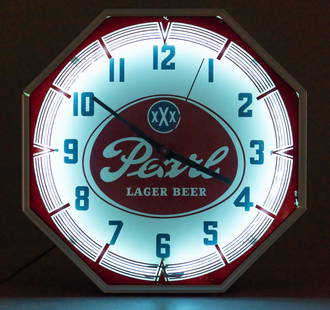 Vintage Pearl Beer Neon Clock: Vintage Pearl Lager Beer (San Antonio, Texas) neon clock, with 1960s logo height 18 in. x width 18 in. x depth 7 in. Provenance: Property from the collection of a San Antonio, Texas gentleman