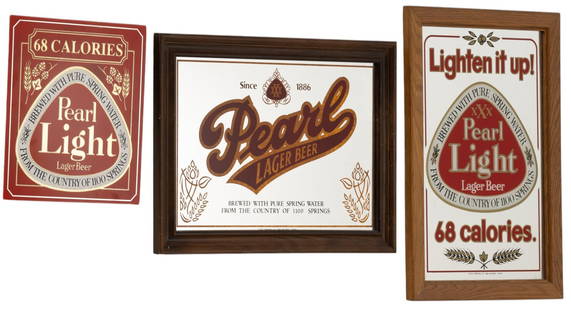 (3) Pearl Beer Signs: Collection of three Pearl Lager Beer signs, includes one mirror sign with "Lighten Up!" message, one glass sign with "68 calories" message, and one plain mirror sign height 20.5