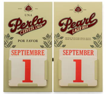(2) Vintage Pearl Lager Beer Calenders: Two Pearl Lager Beer (San Antonio, Texas) advertising number calenders, metal frame with paper date inserts, includes one English and one Spanish, circa 1978 height 18 in. x width 9 in. / each