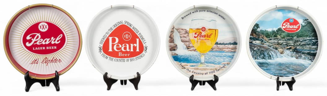 (4) 1960s - 1970s Pearl Beer Serving Trays: Collection of four round 1960s - 1970s Pearl Beer (San Antonio, Texas) metal serving trays, to include two trays with red Pearl Beer logos against white backgrounds, and two trays featuring imagery