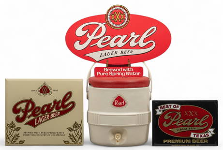 (4) Pearl Lager Beer Items: Collection of Pearl Lager Beer (San Antonio, Texas) items, includes one Pearl Beer water cooler circa 1970s, two Pearl Beer cardboard back signs circa 1980s, and one shaped Pearl Beer cardboard sign