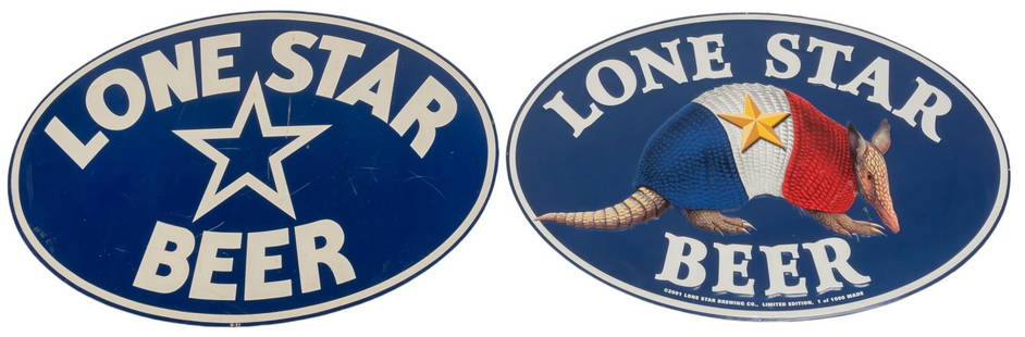 Pair of Lone Star Beer Signs: Pair of Lone Star Beer (Texas) signs, one depicting a Texas-themed armadillo on painted tin (2001), and enameled metal sign with star in center, both single sided height 24 in. x width 35.75 in. 