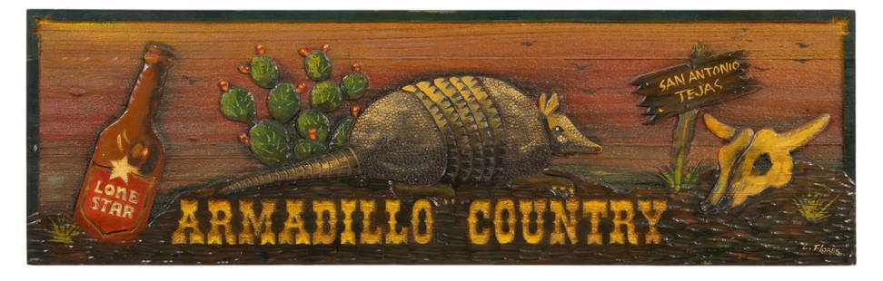 Lone Star Beer Armadillo Custom Art Wooden Sign: Wooden custom art sign for Lone Star Beer, featuring "Armadillo Country", and "San Antonio, Tejas" messaging, with painted carvings depicting armadillo with cacti height 15 in. x