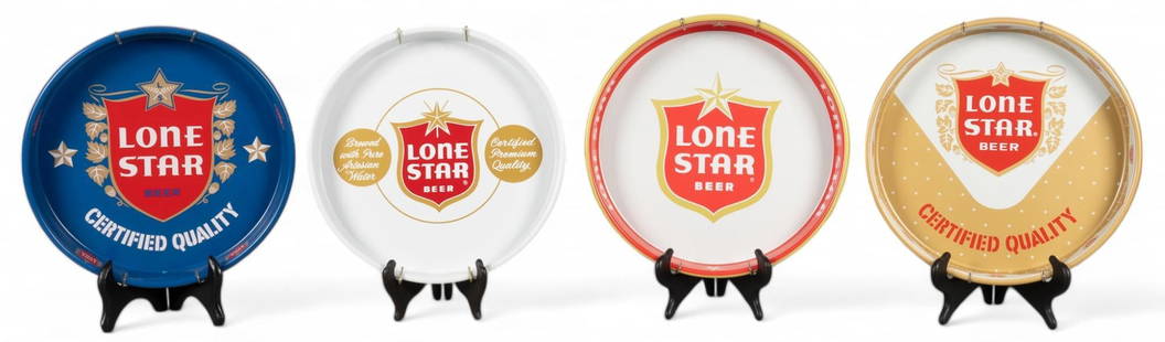 (4) Vintage Lone Star Beer Trays: Collection of four Lone Star Beer (Texas) metal beer trays, each with unique pattern and colorway, circa 1960s-1970s, stands not included diameter 13.25 in. x depth 2 in. / each Provenance: