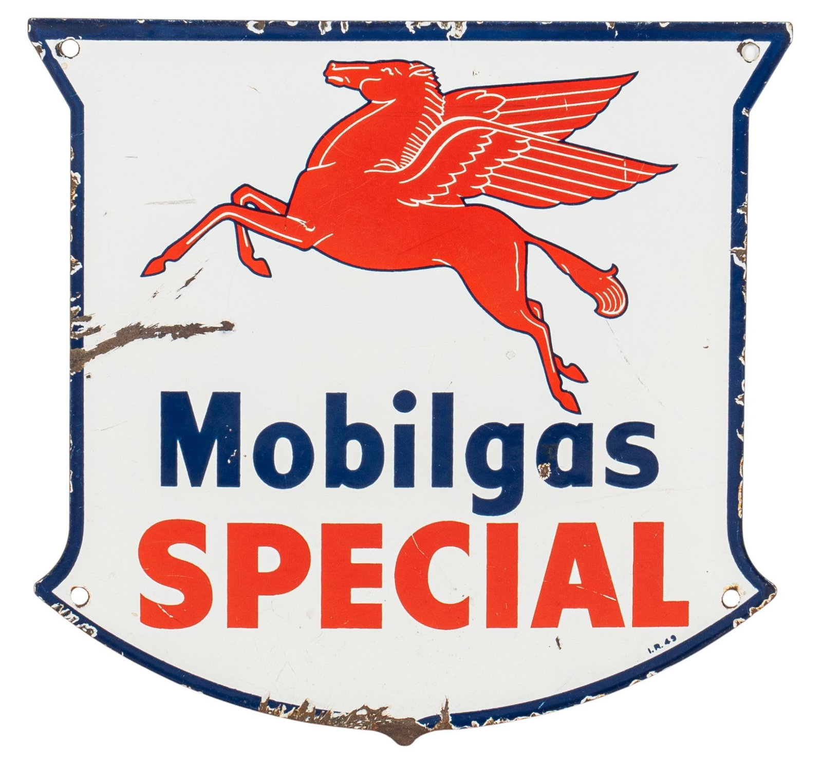 1949 Mobilgas Special Porcelain Pump Sign: 1949 Mobilgas special porcelain pump sign featuring white background with red and blue lettering reading "Mobilgas Special" with red pegasus image height 12 in. x width 12 in. Provenance: Prop