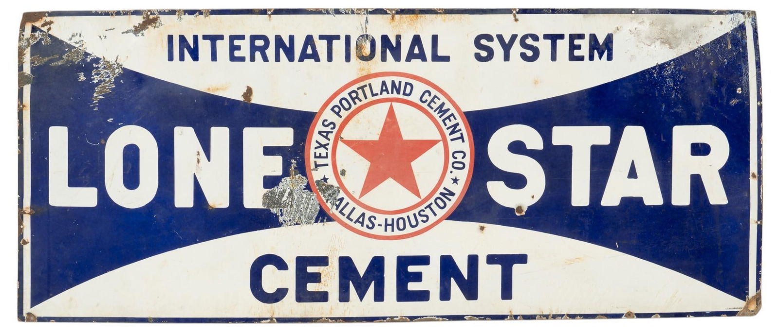 Lone Star Cement Porcelain Sign: Lone Star Cement porcelain sign, single-sided, with blue text on white field, and white text on blue field height 30 in. x width 72 in. Provenance: Property from the personal collection of a New Bra