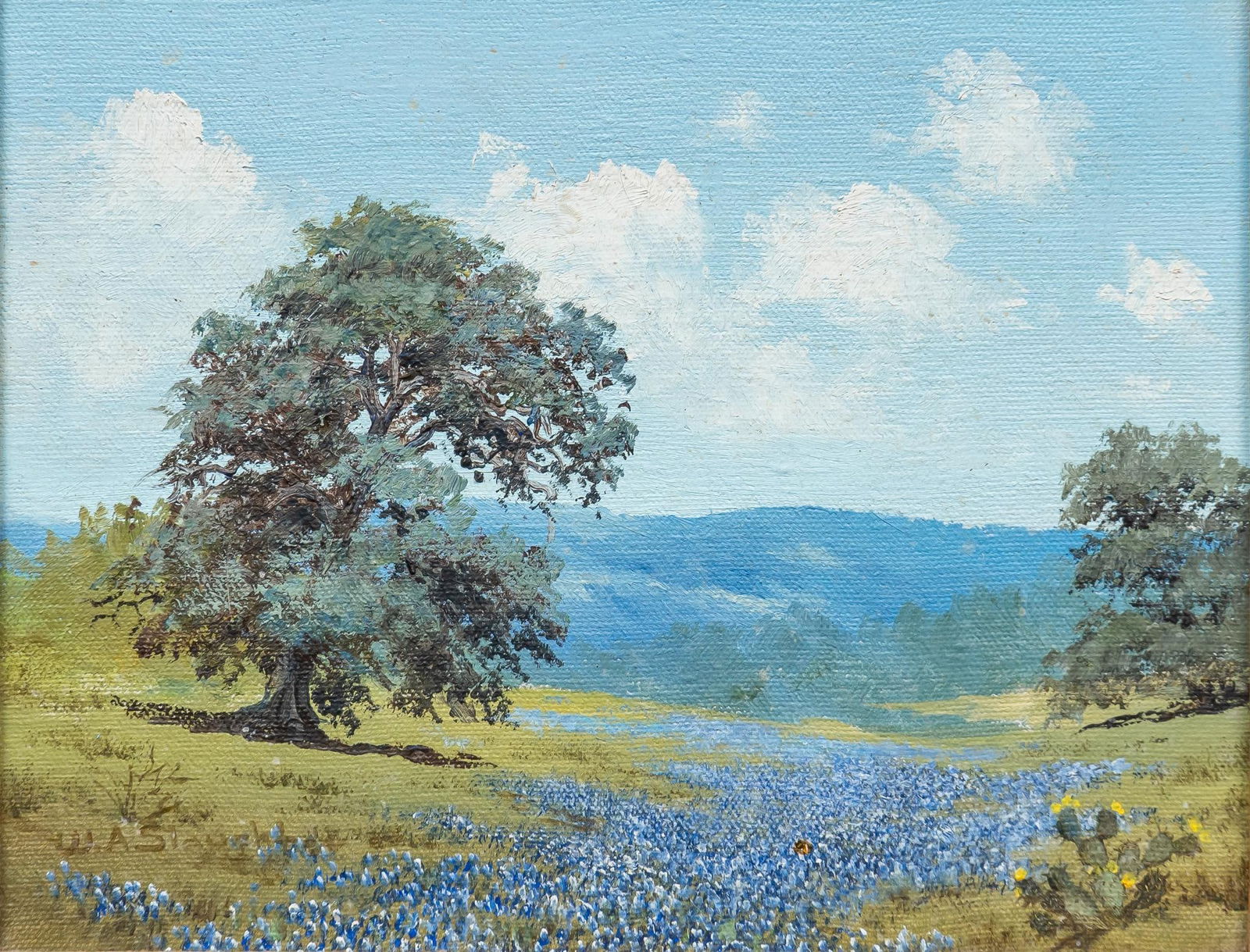 William Slaughter, Bluebonnets and Cactus: William A. Slaughter (Texas, 1923-2003), bluebonnet landscape with flowering cactus and oak tree, oil on canvas sight: 8 x 10 in., frame: 16.5 x 18.5 in. Provenance: Property from the collection of