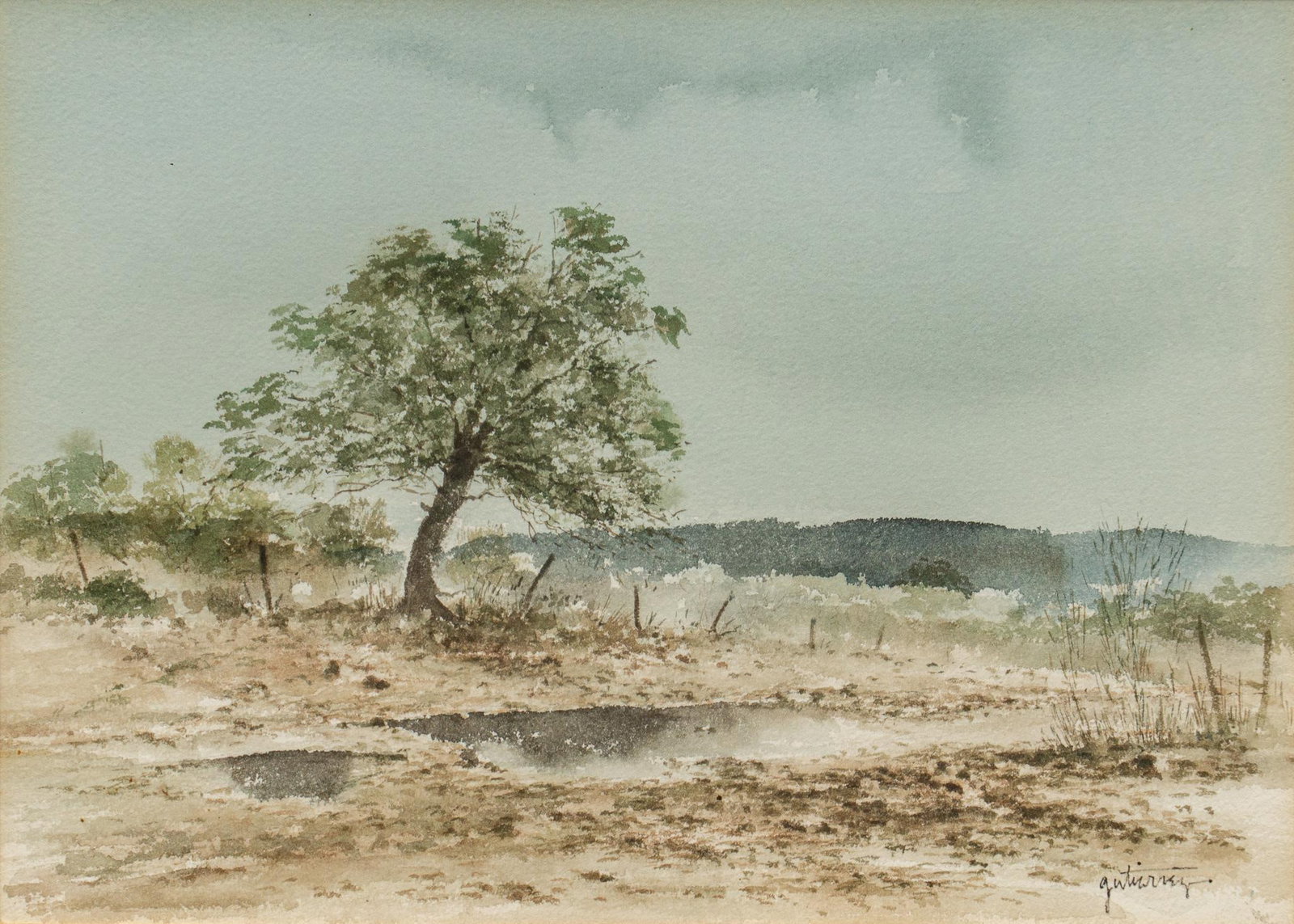 Raul Gutierrez, Hill Country Landscape: Raul Gutierrez (Texas, b. 1935), Hill Country landscape, watercolor on paper sight: 10 x 13 in., frame: 17.5 x 21.5 in.