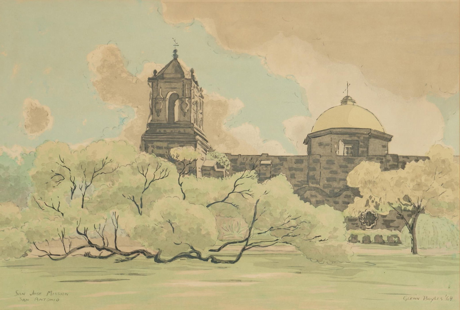 Glenn Boyles, Mission San Jose, 1964: Glenn Boyles (Texas, 20th C.), Mission San Jose, 1964, vintage lithograph formerly hung in the St. Anthony Hotel in downtown San Antonio, Texas sight: 20 x 29.5 in., frame: 28.5 x 38 in. Provenance: P