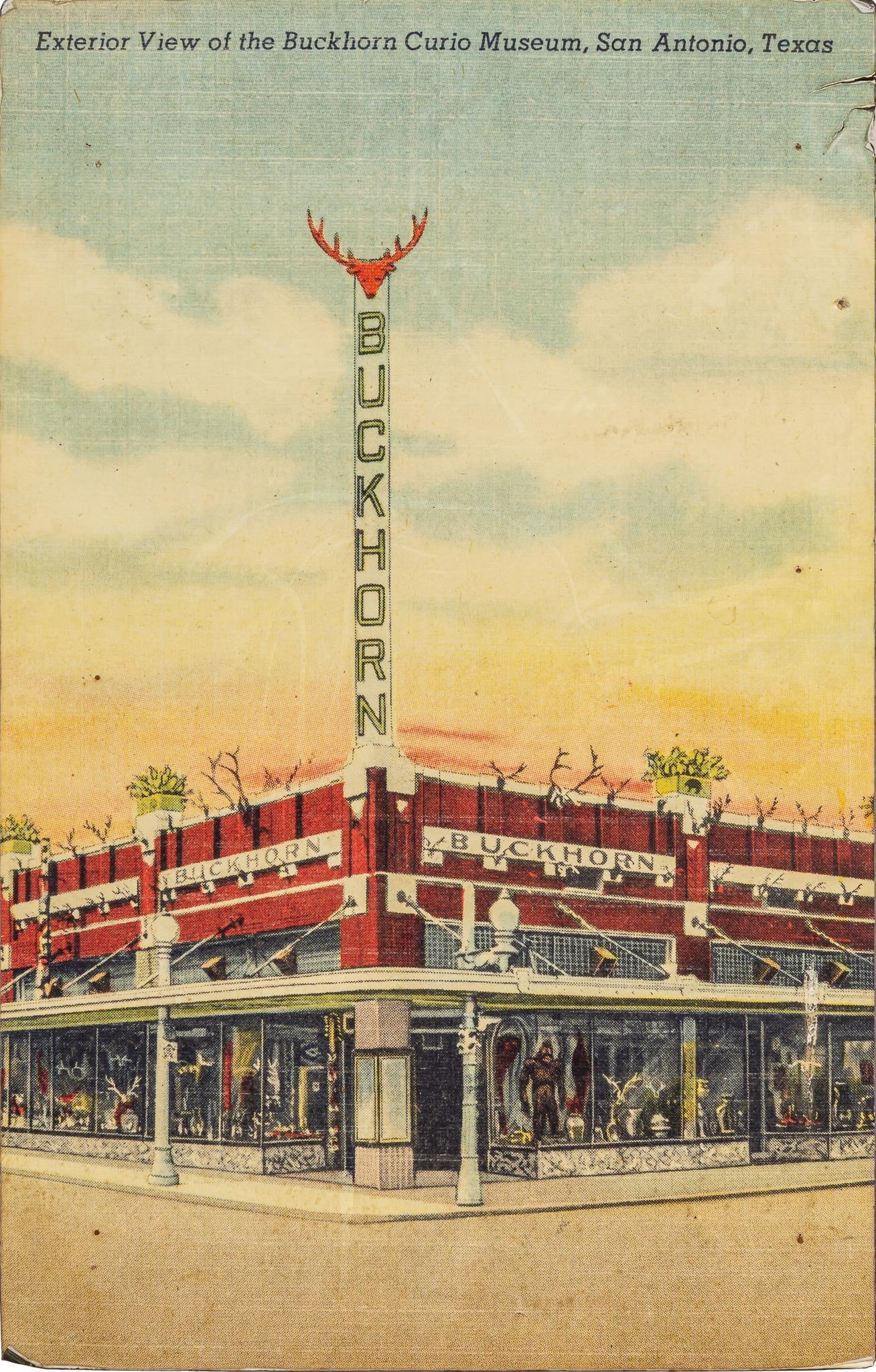 Buckhorn Curio Museum Poster: Poster illustrating the exterior view of the Buckhorn Curio Museum, located in downtown San Antonio, Texas height 44 in. x width 28 in. Provenance: Property from the collection of a Bulverde, Texas ge