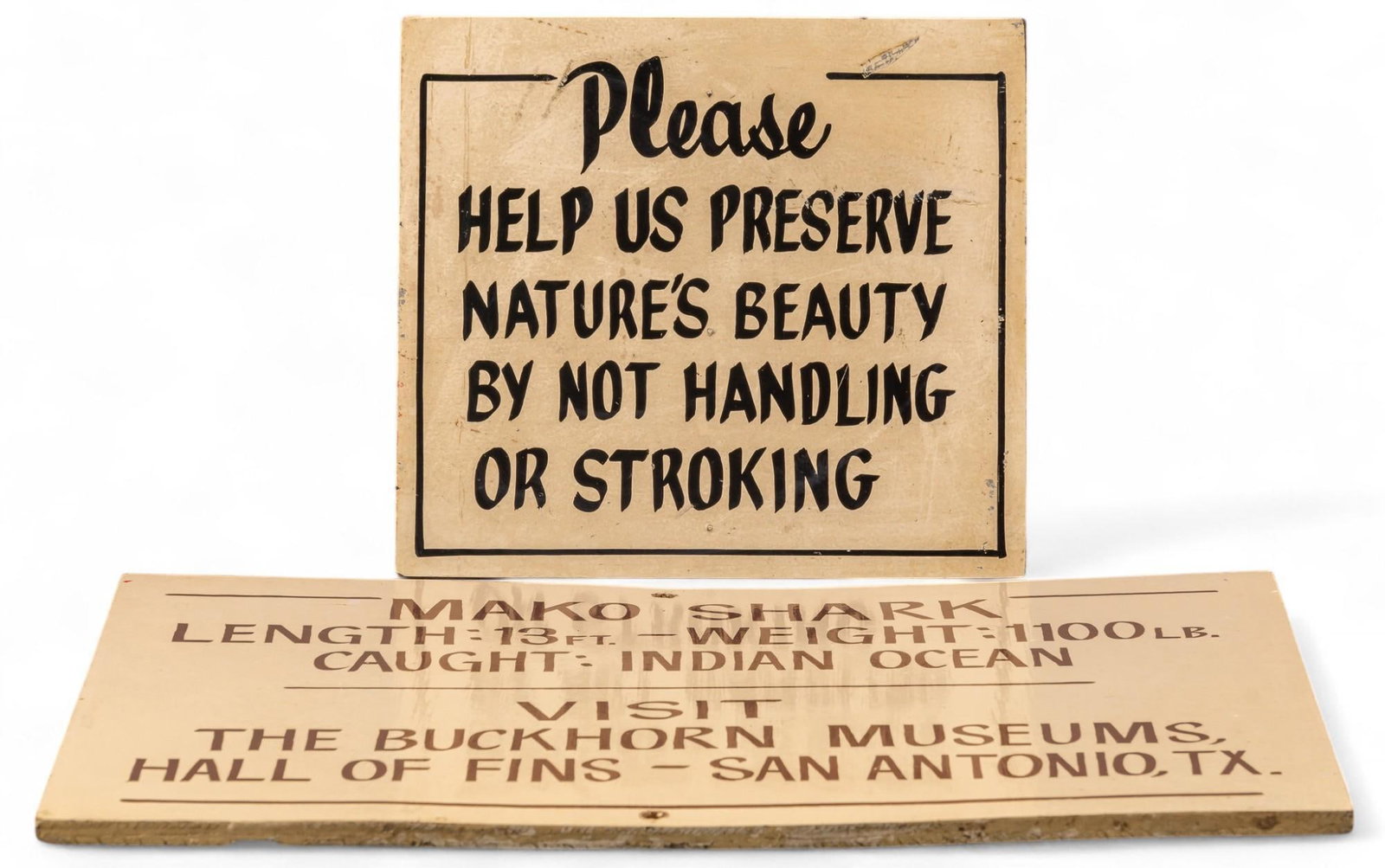 Pair of Buckhorn Museum Hall of Fins Signs: Pair of wooden signs from the Buckhorn Museum's Hall of Fins, in San Antonio, Texas height 15 in. x width 18 in. / largest Provenance: Property from the collection of a Bulverde, Texas gentleman