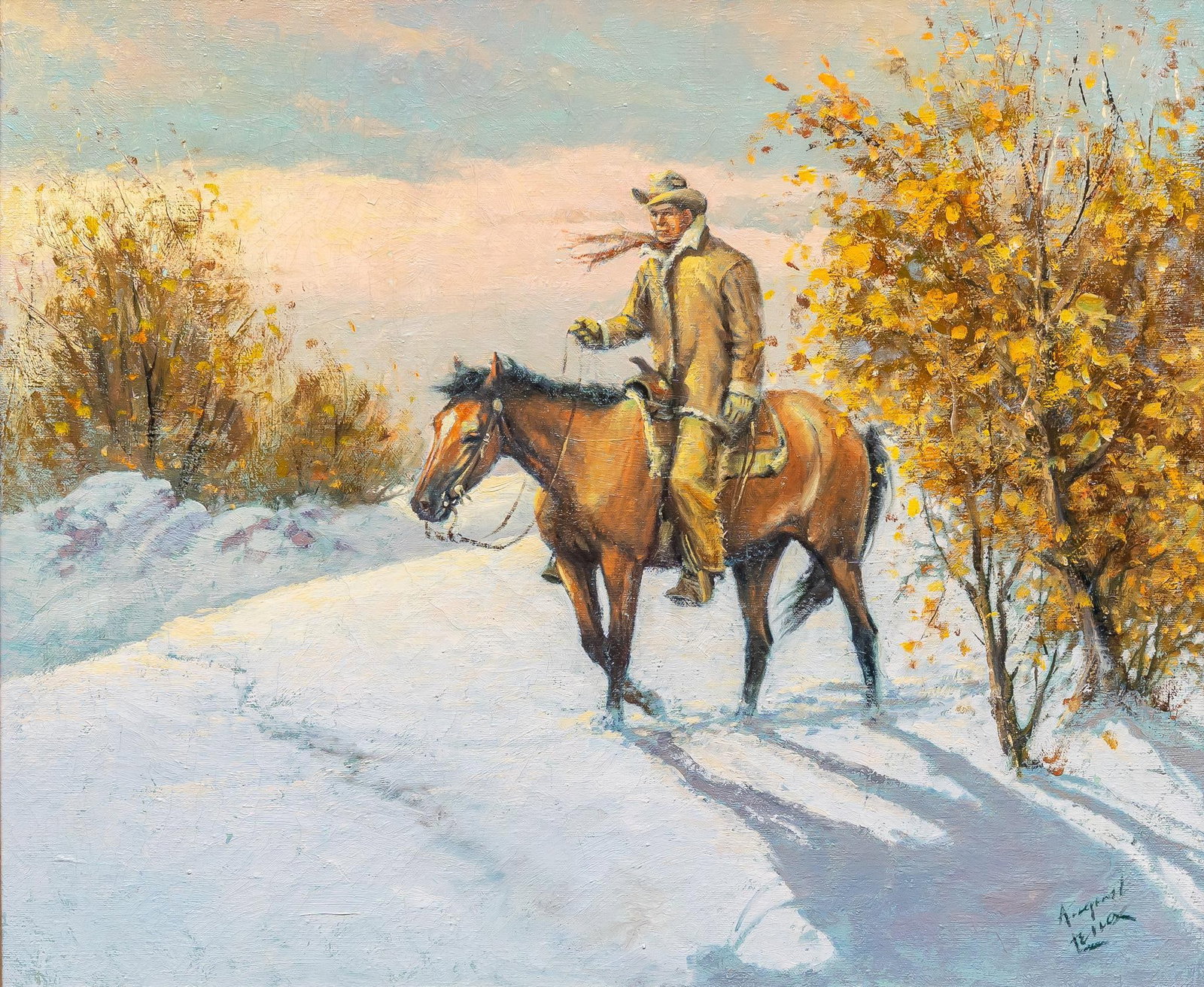 August Curley Lenox, Going Home: August Curley Lenox (Texas / California, 1908-1986), "Going Home", oil on canvas, marked "Coming Home" on verso sight: 20 x 24 in., frame: 31 x 35 in. Provenance: Property from an Okla