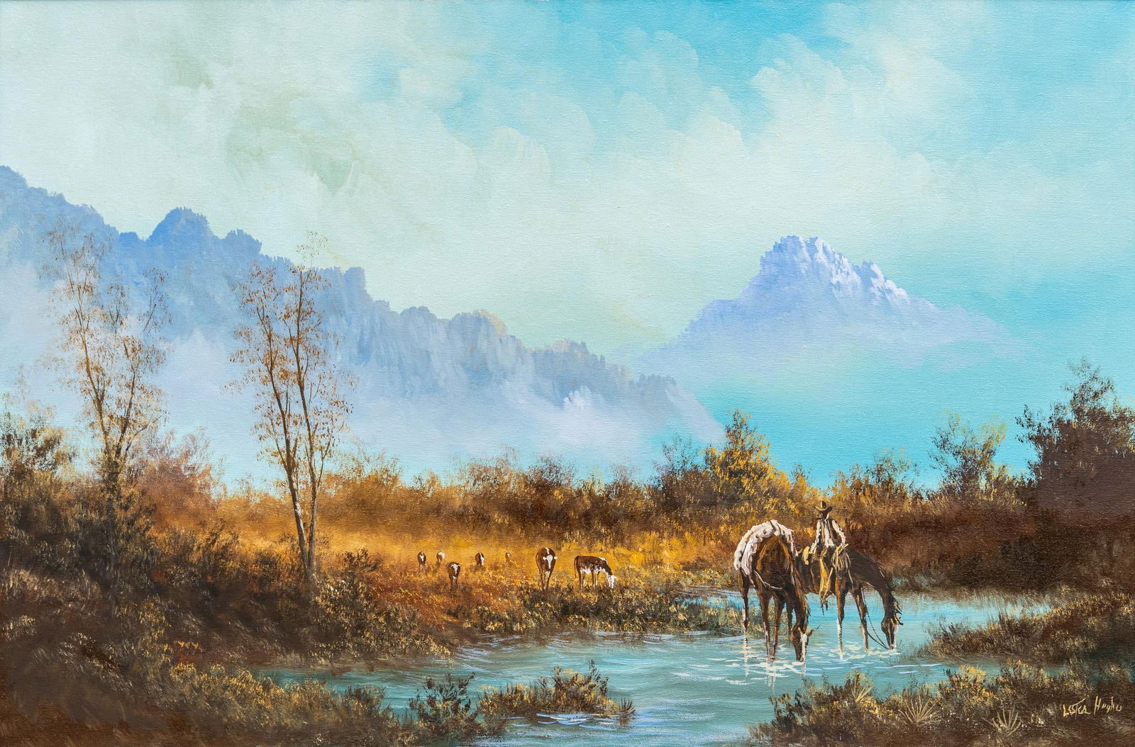 Lester Hughes, Cowboy Watering Horses: Lester C. Hughes (Texas, 1938-2021), cowboy watering two horses, oil on canvas sight: 24 x 36 in., frame: 31 x 43 in. Provenance: Property from the collection of a Plano, Texas lady