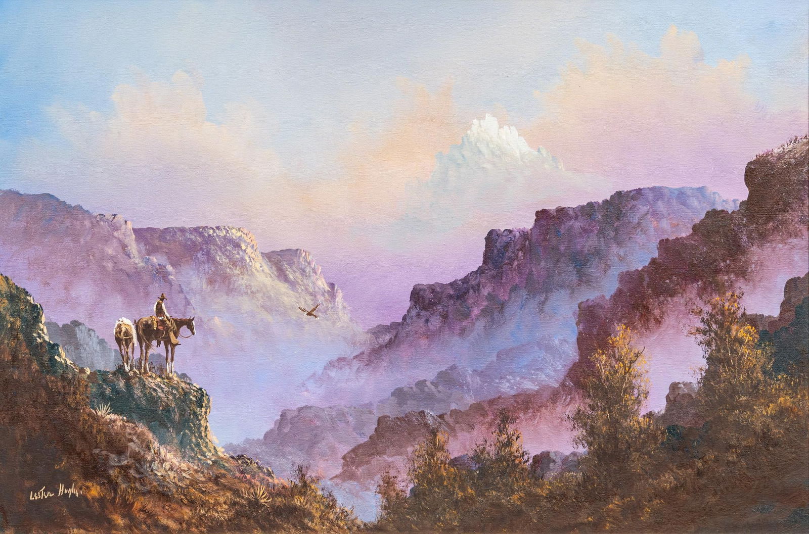 Lester Hughes, Cowboy in Mountains: Lester C. Hughes (Texas, 1938-2021), cowboy in mountains with swooping bald eagle, oil on canvas sight: 24 x 36 in., frame: 28 x 40 in. Provenance: Property from the collection of a Plano, Texas lad