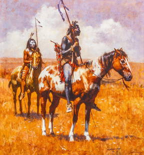 Howard Terpning, "Coup Sticks and War Paint", Giclee: Howard Terpning (Arizona, b. 1927), "Coup Sticks and War Paint", signed and numbered giclee print on canvas, ed. 97/150 sight: 26 x 28 in., frame: 38 x 36 in. Provenance: Property from the c