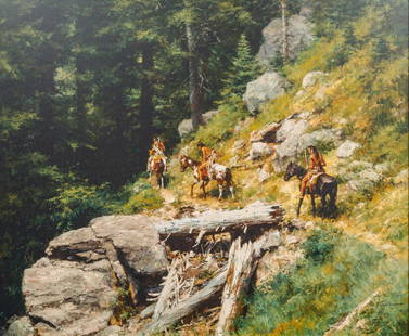 Howard Terpning, "Trail in the Bitterroots", Giclee: Howard Terpning (Arizona, b. 1927), "Trail in the Bitterroots", signed and numbered giclee print on canvas, ed. 1/125 sight: 38 in. x 45 in., frame: 48 in. x 56 in.