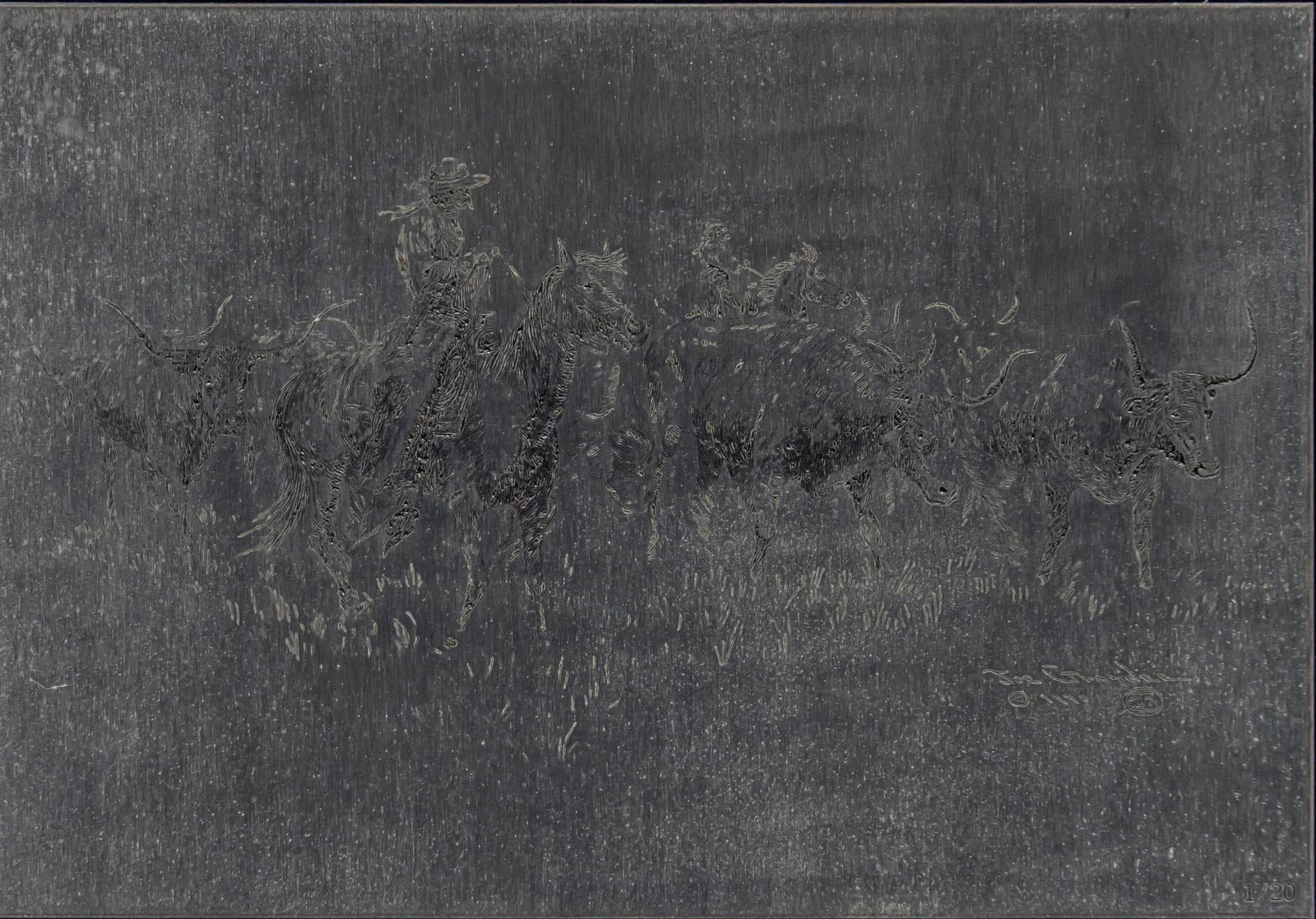 Joe Grandee, Engraved Western Scene: Joe Grandee, scene of cattle drive with cowboys, incised into metal plate, incised signature and numbering, ed. 1/20 sight: 7 x 10 in., frame: 19.5 x 22.5 in. Provenance: Property from the collectio