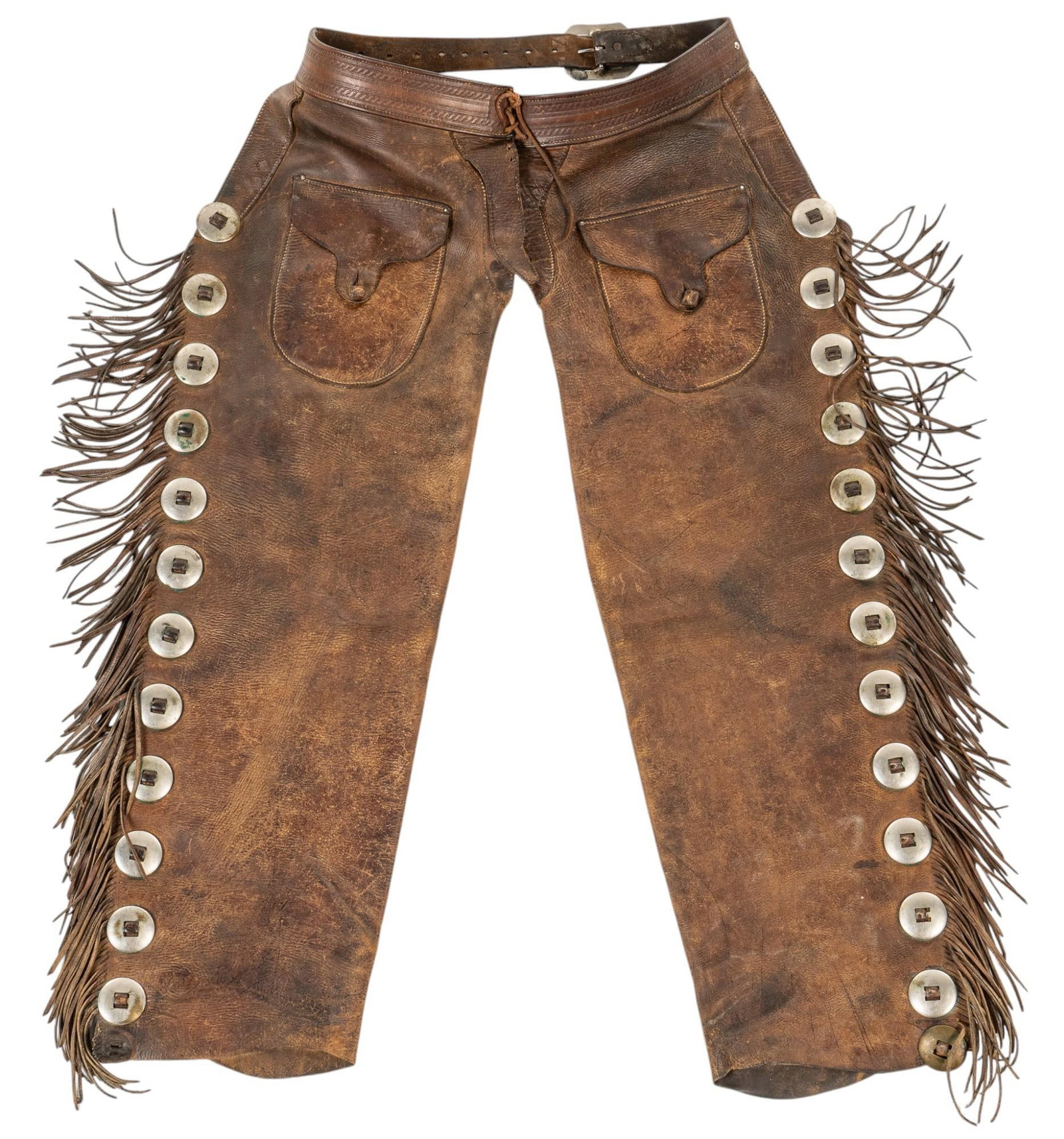 Pair of Texas Fringe Shot Gun Chaps: Pair of Texas fringed shotgun leather chaps, with each leg having a pocket, and twelve conchos, circa 1940s-1950s length 36 in. x width 24 in. Provenance: Property from Bulverde, Texas collection