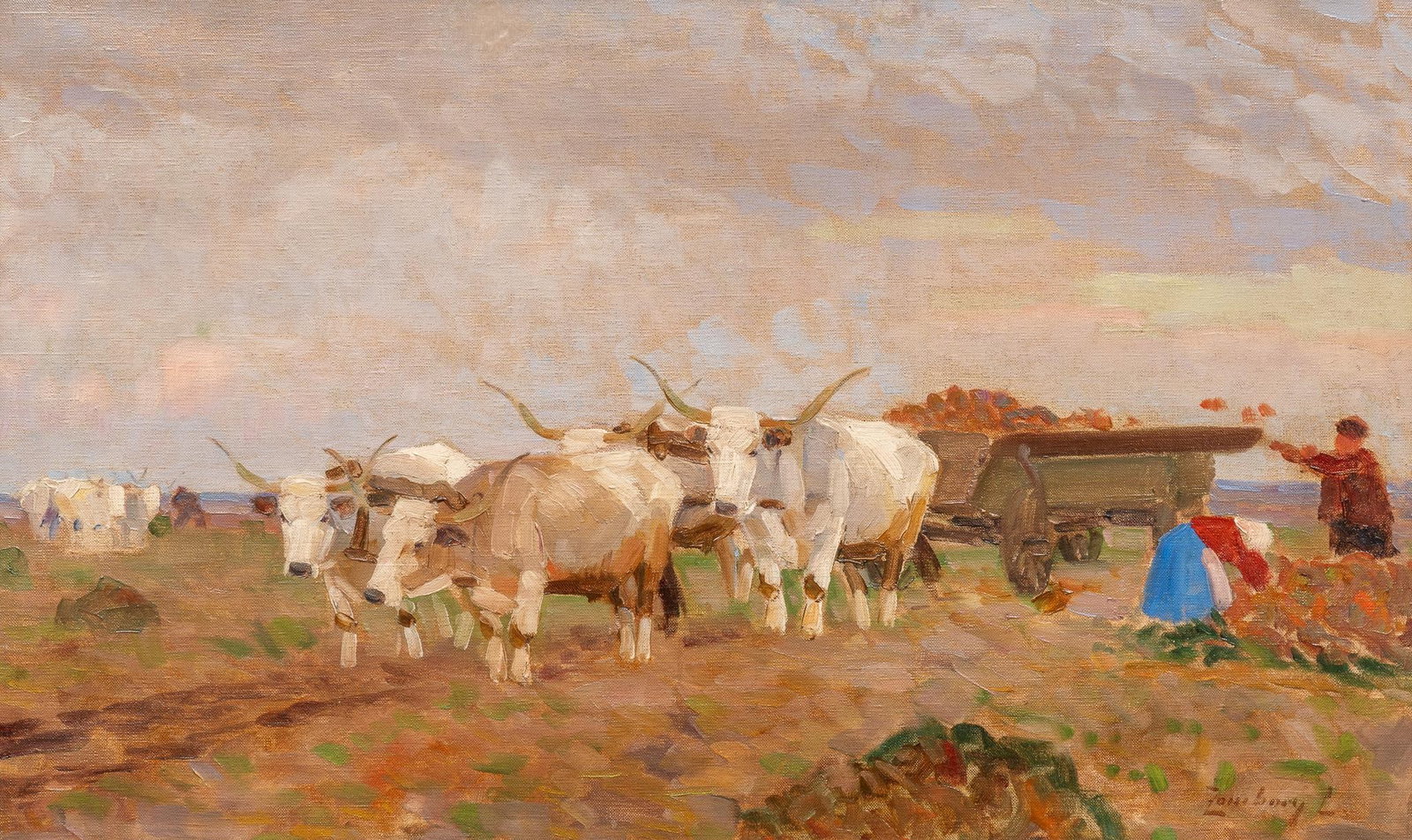 Lajos Zombory, "Oxen": Lajos Zombory (Hungary / Romania, 1867-1933), "Oxen", oil on canvas sight: 19 x 31.25 in. Conservation: note affixed to verso details inpainting and surface coatings applied in 1997, and confo