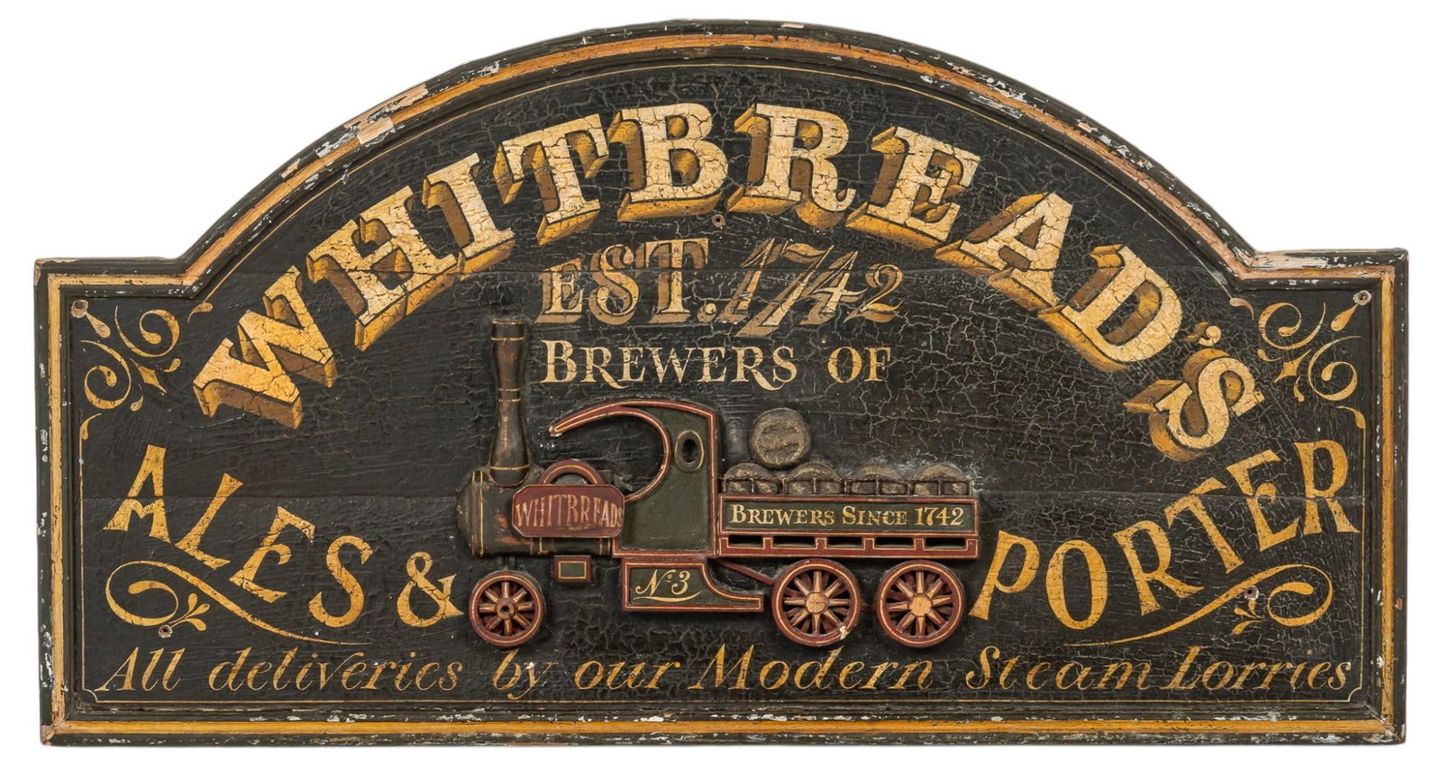 Whitbread Brewery Reproduction Sign: Whitbread Brewery (England) wooden advertising sign, reproduction height 25 in. x width 47 in. x depth 1.5 in. Provenance: Property from the collection of a San Antonio, Texas gentleman