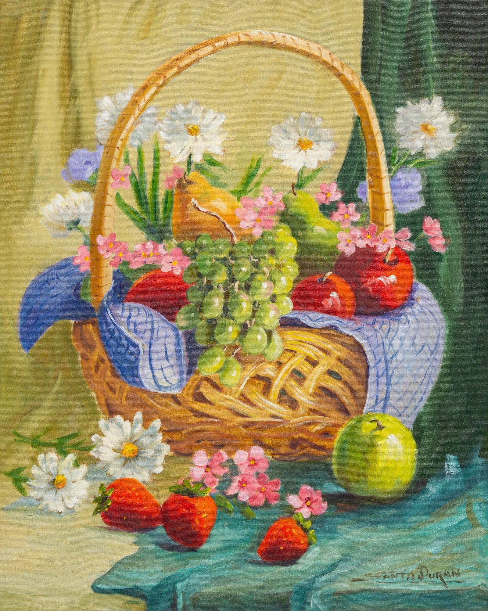 Santa Duran, Basket of Fruits and Flowers: Santa Duran (Texas / Mexico, 1909-2002), basket of fruits and flowers, oil on canvas sight: 20 x 16 in., frame: 27.5 x 23 in. Provenance: Property from the collection of a San Antonio, Texas lady