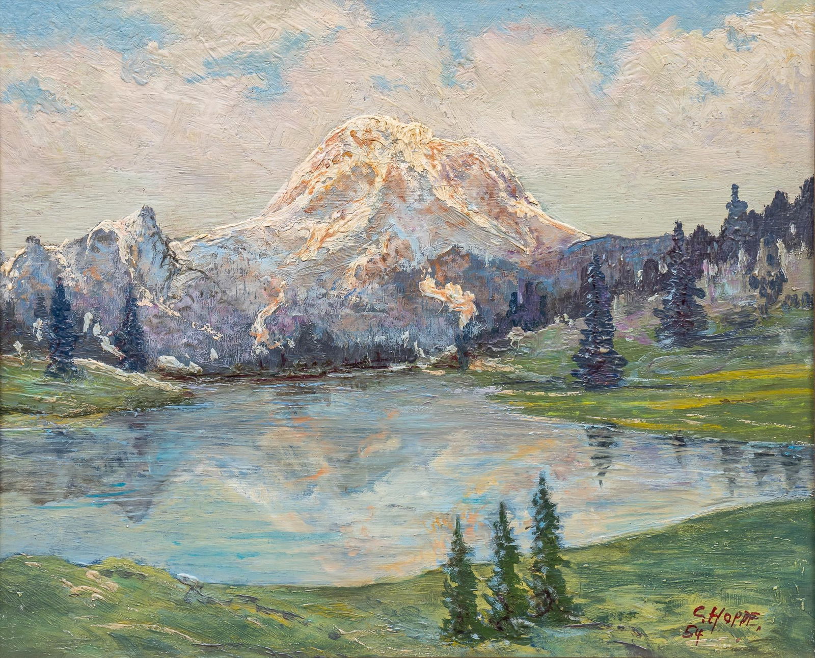 Carl Hoppe, Mountain Lake, 1954: Carl Hoppe (San Antonio, Texas, 1897-1981), mountain lake, 1954, oil on panel sight: 14 x 17 in., frame: 18 x 20.5 in.