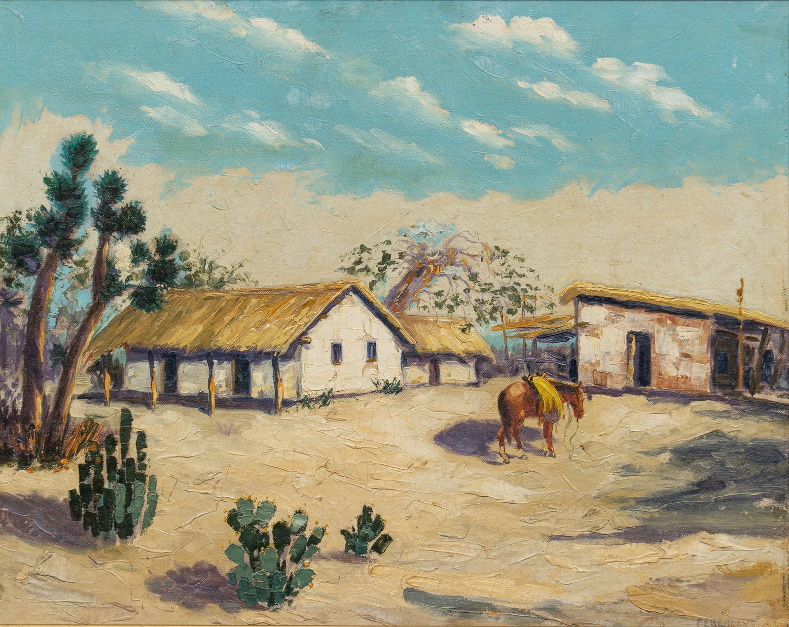 Signed Ferenczy, Cactus Tree and Burro: Signed Ferenczy, possibly Karoly Ferenczy (Hungary, 1862-1917), cactus tree and burro, oil on artist panel sight: 17 in. x 22 in., frame: 21 in. x 25.5 in.
