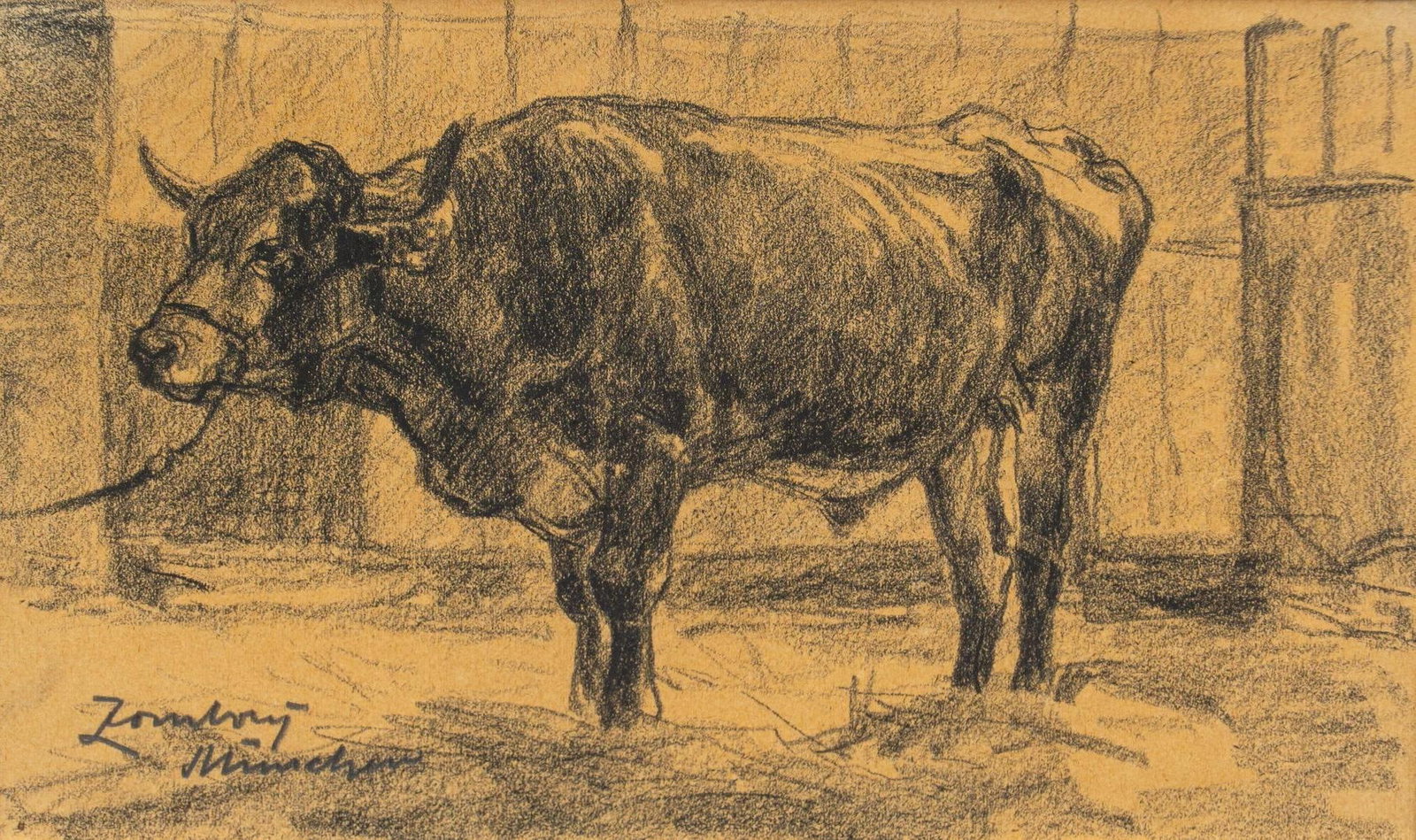 Lajos Zombory, Steer Portrait: Lajos Zombory (Hungary / Romania, 1867-1933), steer portrait in rustic barn, charcoal on paper, perhaps inscribed "Munchen" or Munich sight: 4 in. x 7 in., frame: 11 in. x 13 in. Provenance: P