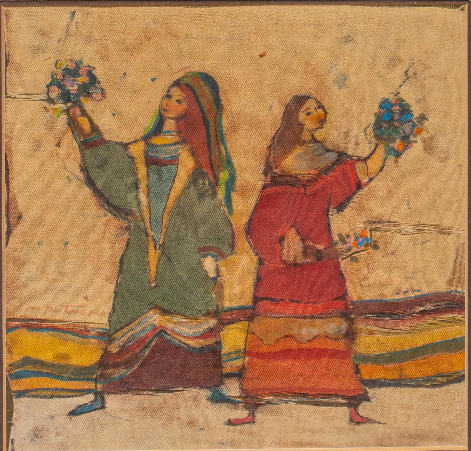 Margaret Putnam, Women with Flowers: Margaret Putnam (Texas, 1913-1989), women with holding bouquets of flowers, mixed media on fine-weave fabric (possibly silk) laid to board sight: 7 x 7 in., frame: 17 x 17 in. Provenance: Property fro