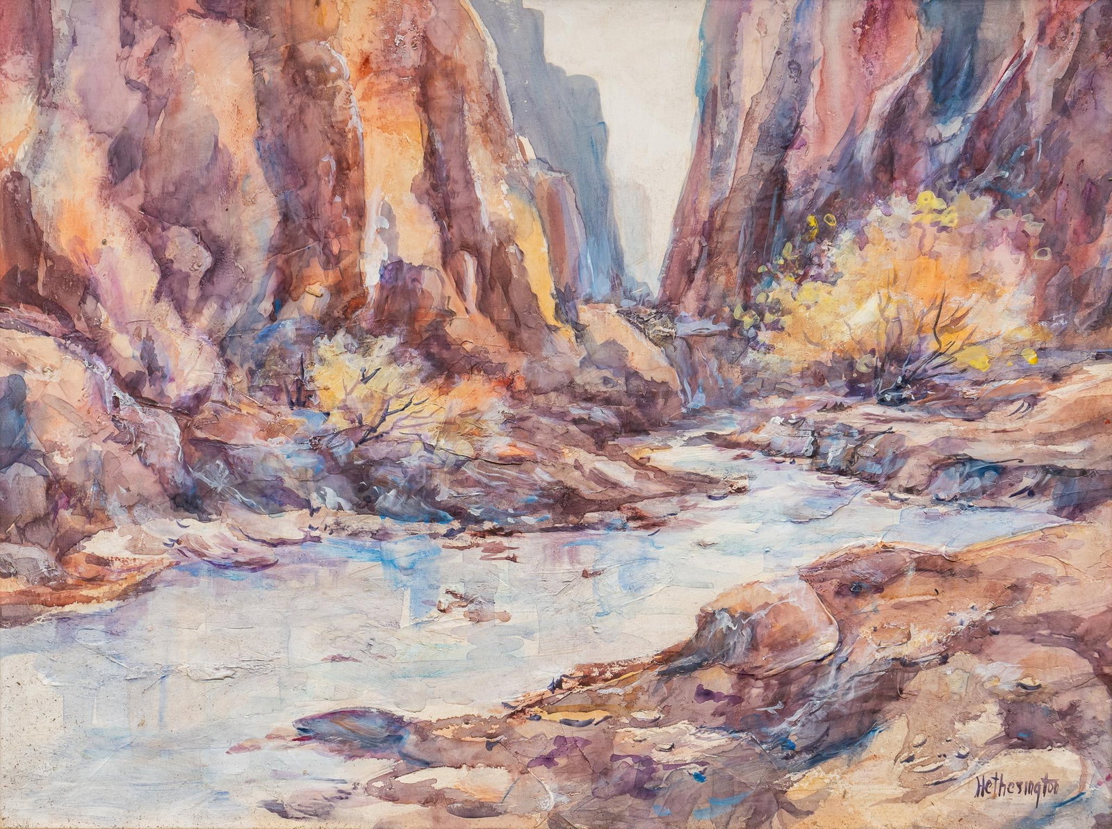 Mary Hetherington, Texas Canyon: Mary Louella Hetherington (Texas, 1925-2015), Texas canyon scene, oil on masonite sight: 18 in. x 24 in., frame: 26.5 in. x 32.5 in.