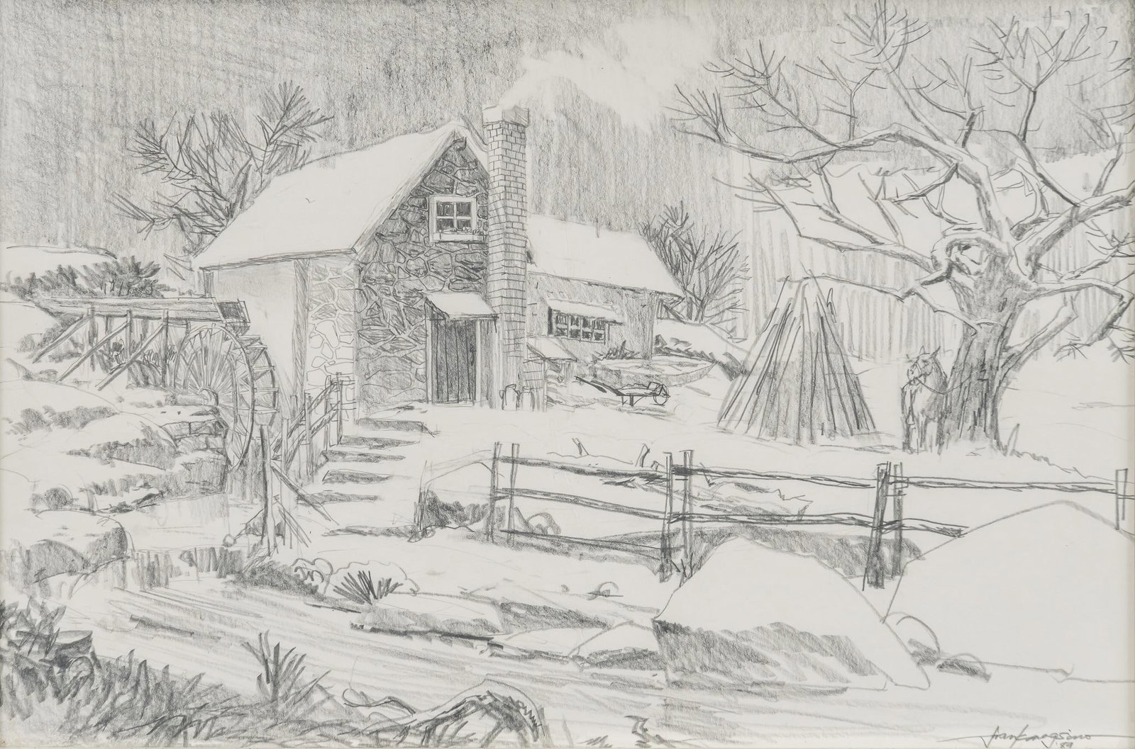 Frank Magsino, Wintry Mill Scene, 1989: Frank Magsino (California, b. 1937), Wintry Mill Scene, 1989, pencil on paper sight: 9.5 x 15 in., frame: 21 x 16 in.