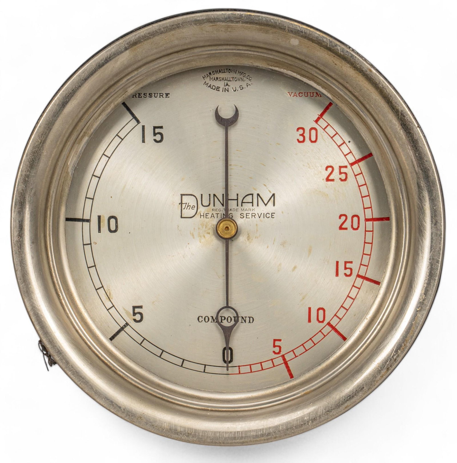 Dunham Heating Service (USA) Pressure Gauge: Vintage Dunham Heating Service pressure gauge meter, marked with Marshalltown Mfg., Co. (Marshalltown, Iowa) label diameter 10 in. x depth 3 in. Provenance: Property from the collection of a San Anton