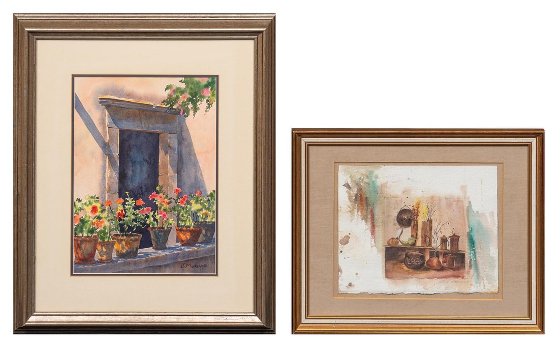 (2) Southwestern Watercolors: Southwestern watercolor, signed Bower, and inscribed "Study for 'Clay'" and John Maskey (Texas, b. 1937), window with geraniums, watercolor on artist paper sight: 14.5 x 10.5 in., fram